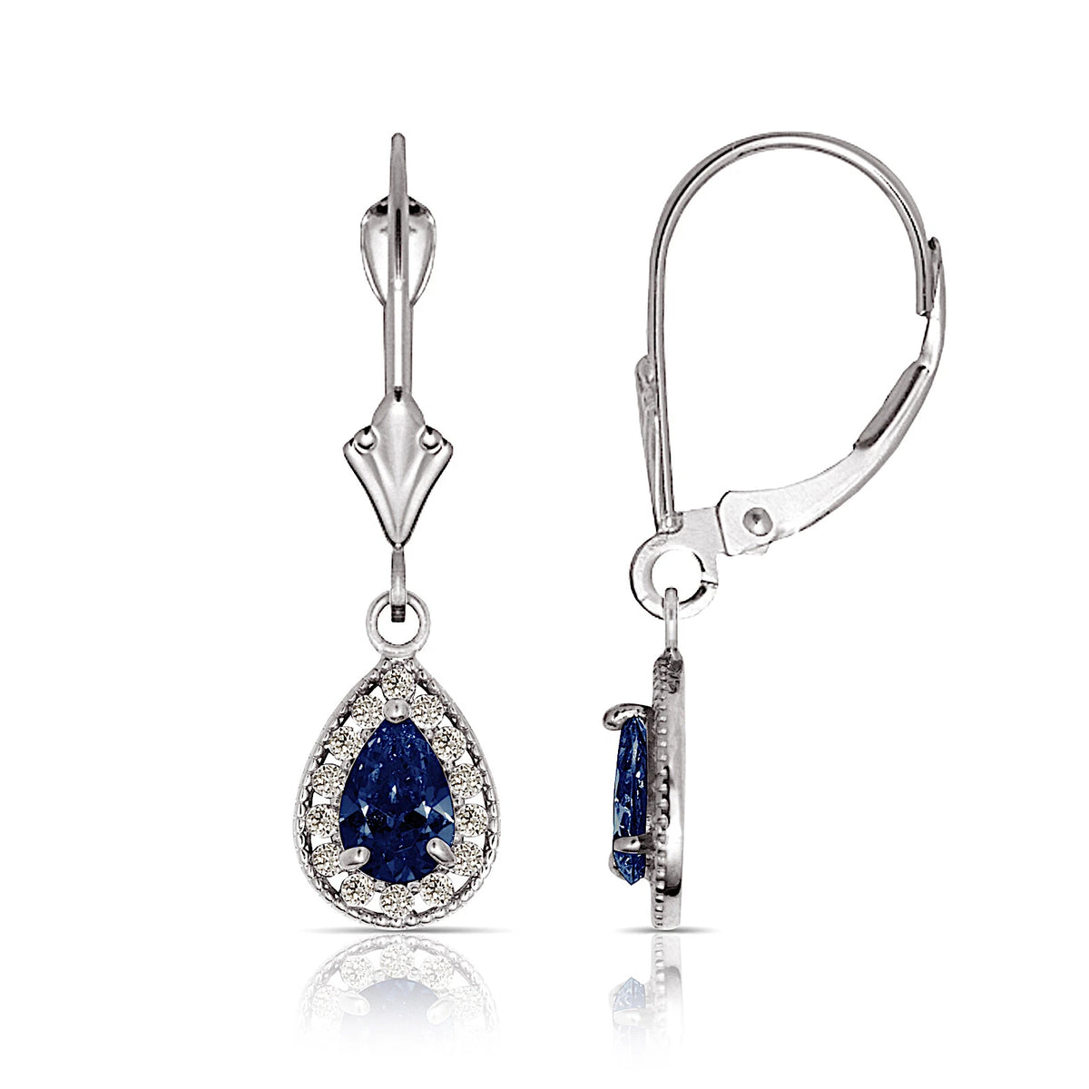 14k White Gold Halo CZ Tear Drop Dangle Leverback Earrings