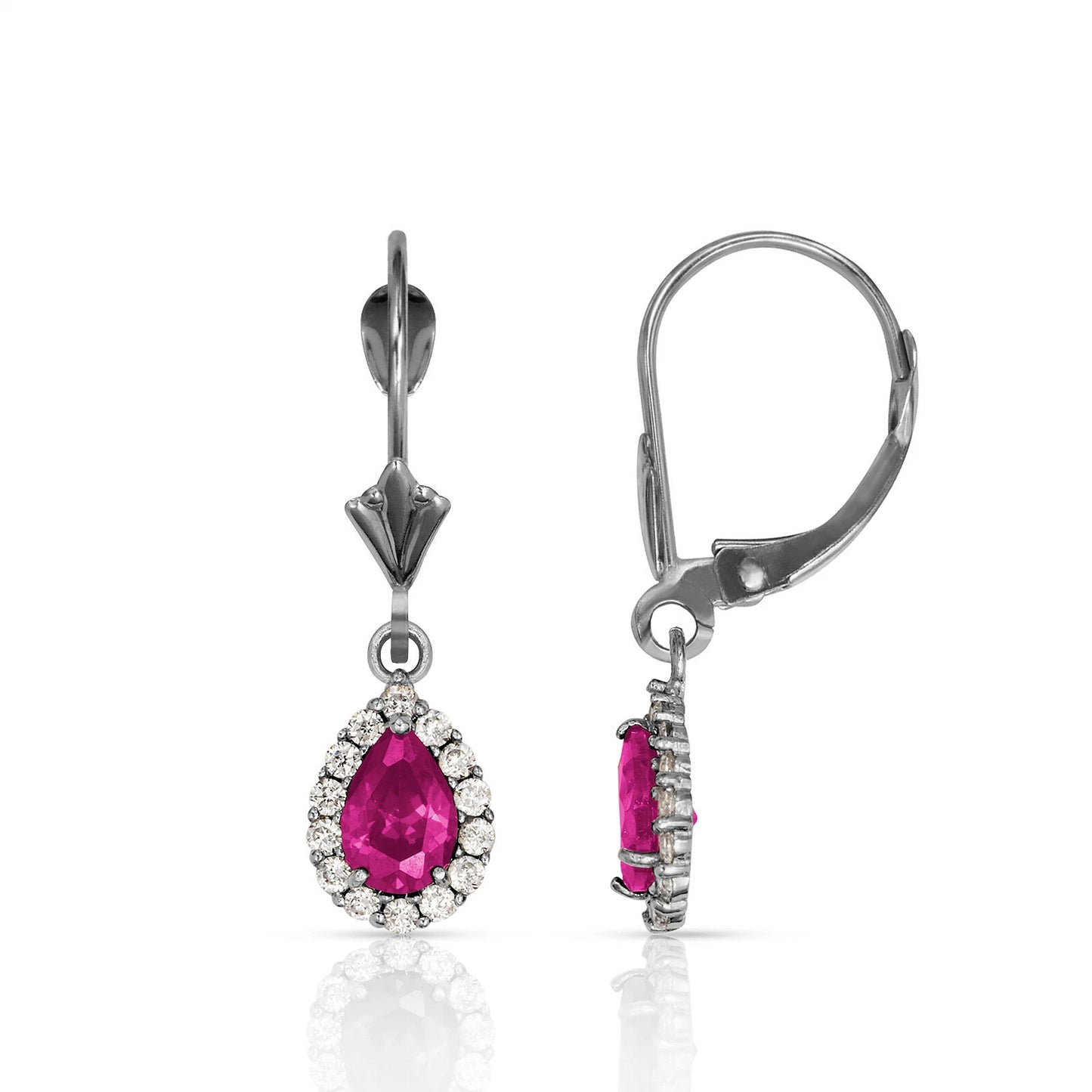 14k White Gold Halo CZ Tear Drop Dangle Leverback Earring