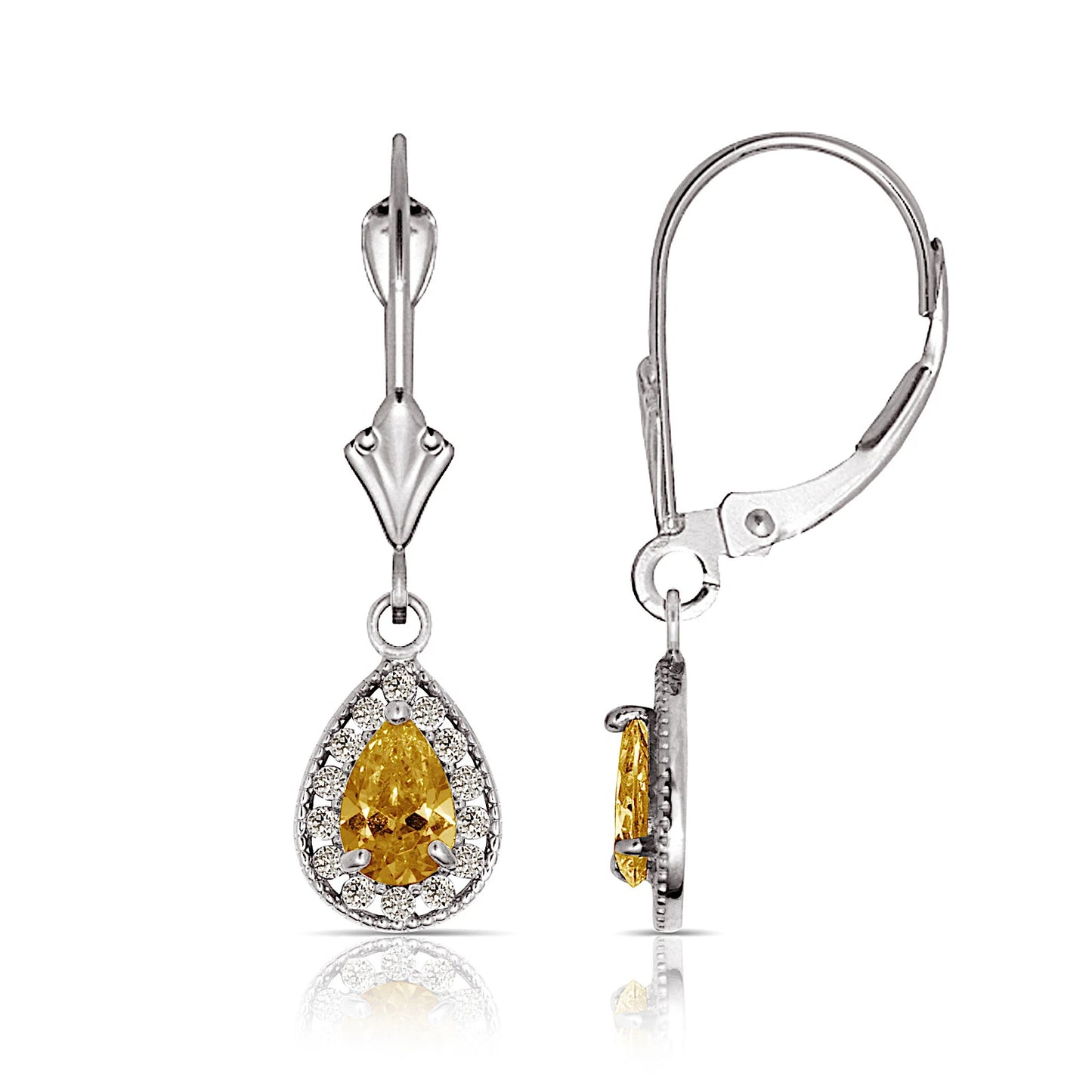 14k White Gold Halo CZ Tear Drop Dangle Leverback Earrings