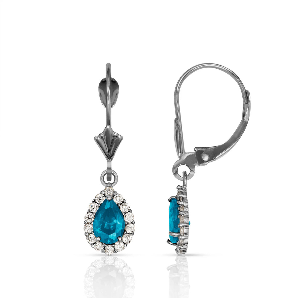 14k White Gold Halo CZ Tear Drop Dangle Leverback Earring