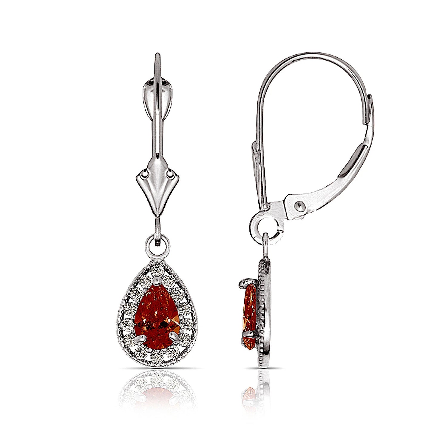 14k White Gold Halo CZ Tear Drop Dangle Leverback Earrings