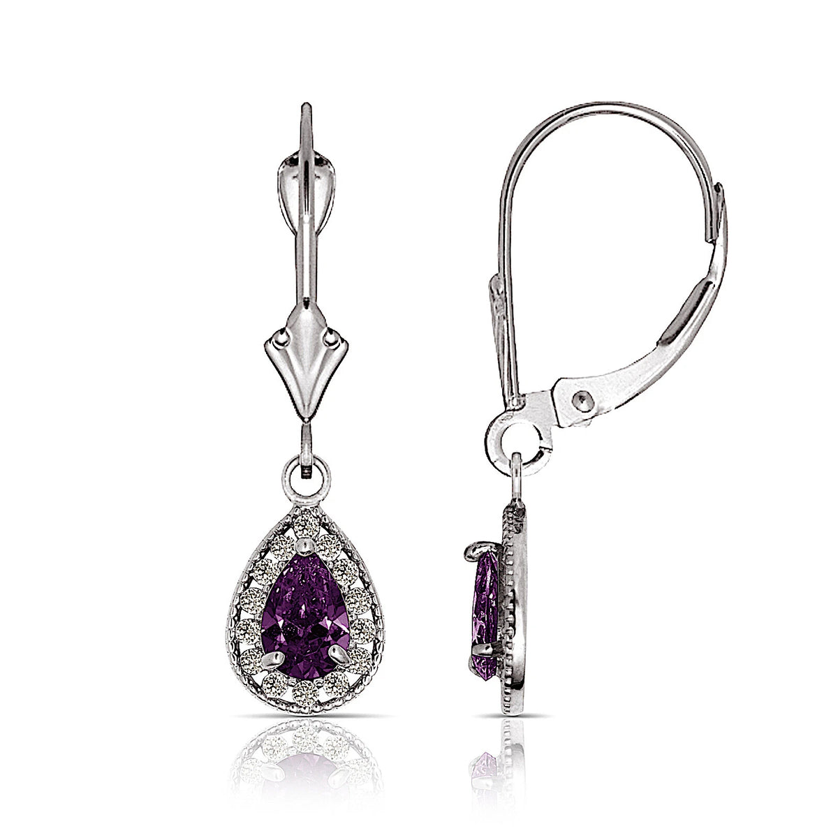 14k White Gold Halo CZ Tear Drop Dangle Leverback Earrings