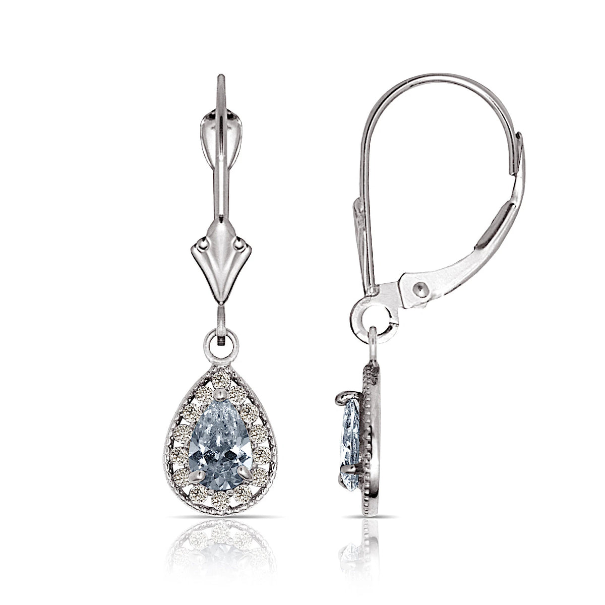 14k White Gold Halo CZ Tear Drop Dangle Leverback Earrings