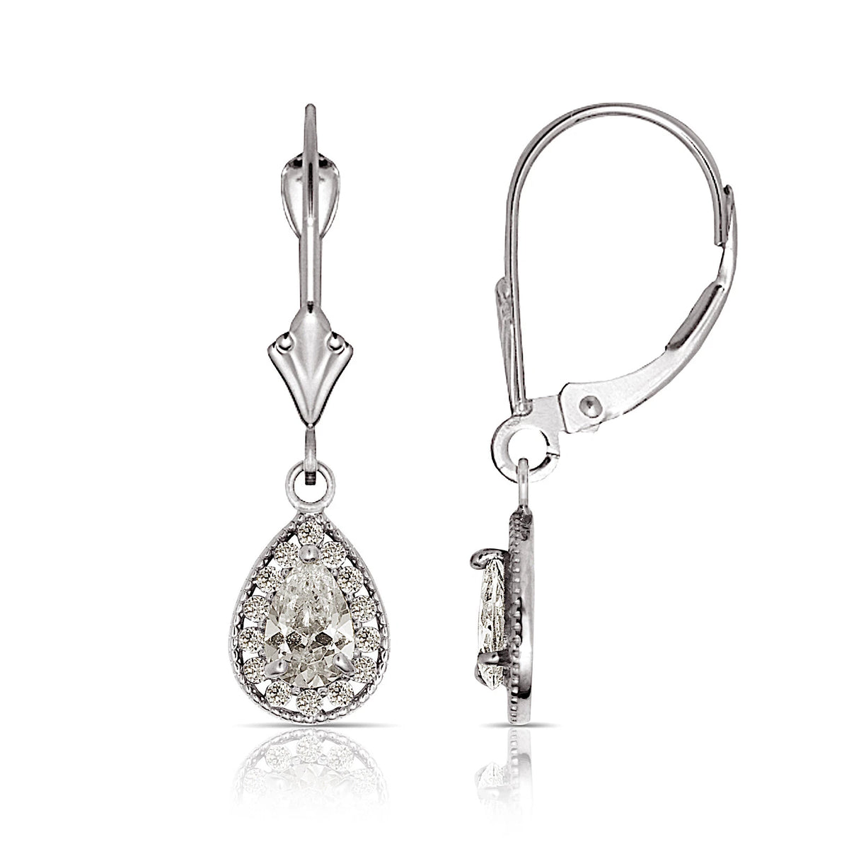 14k White Gold Halo CZ Tear Drop Dangle Leverback Earrings