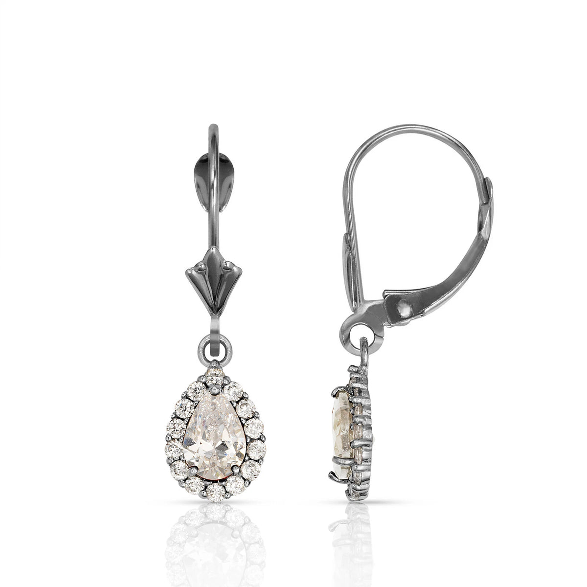14k White Gold Halo CZ Tear Drop Dangle Leverback Earring