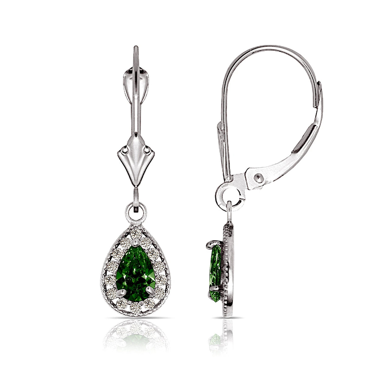 14k White Gold Halo CZ Tear Drop Dangle Leverback Earrings
