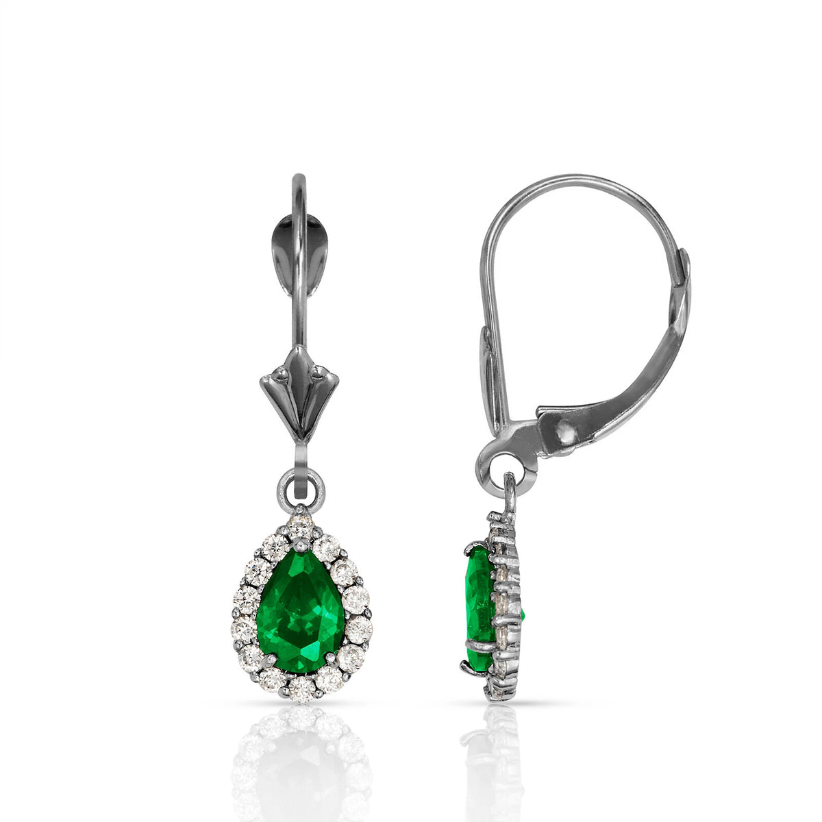 14k White Gold Halo CZ Tear Drop Dangle Leverback Earring