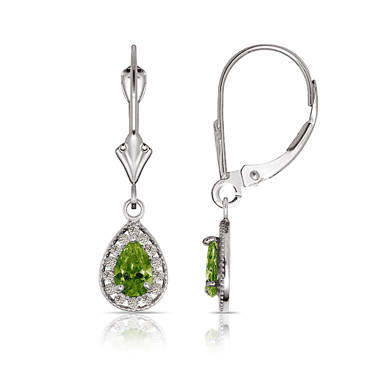 14k White Gold Halo CZ Tear Drop Dangle Leverback Earrings