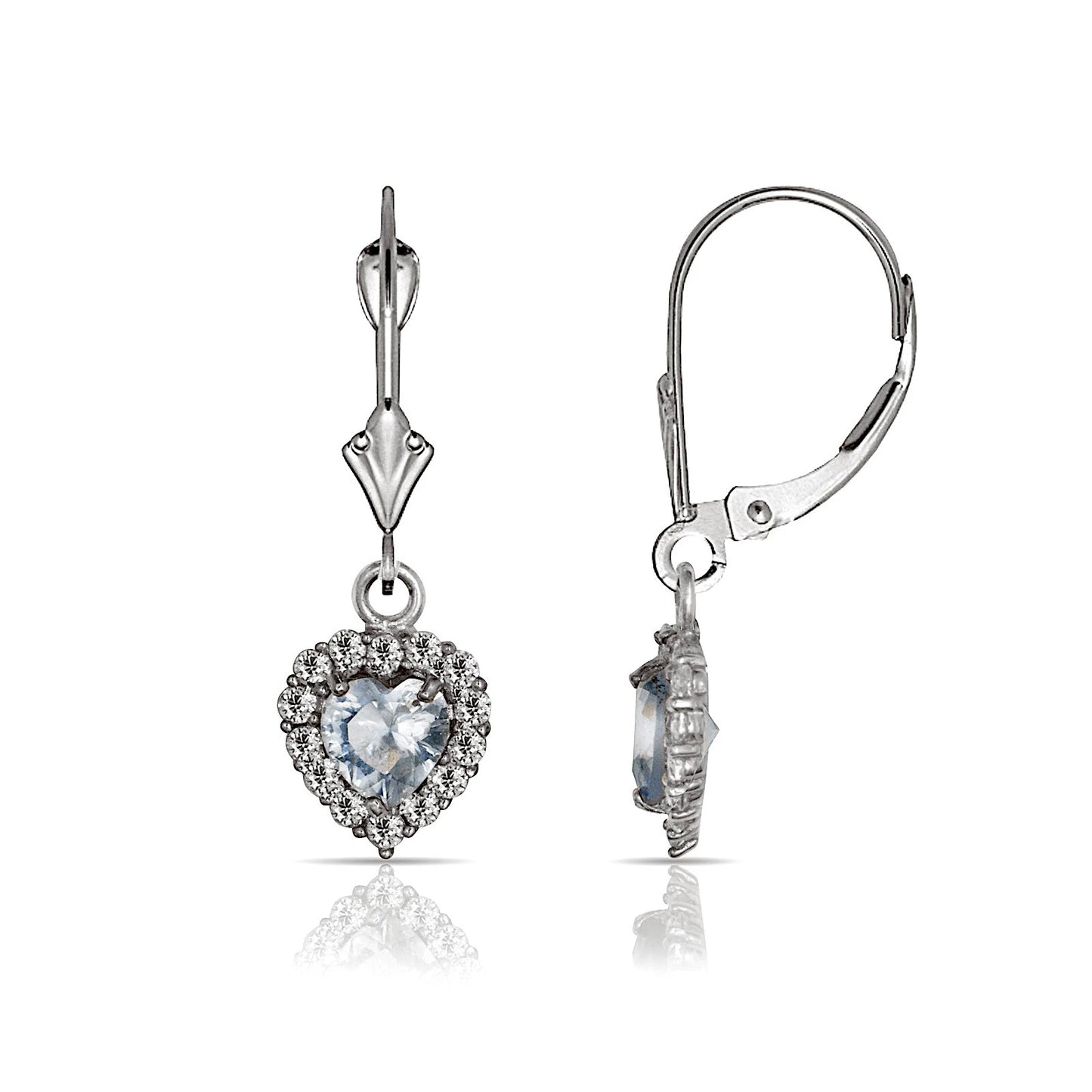 14k White Gold Halo Heart Dangle Leverback Earrings
