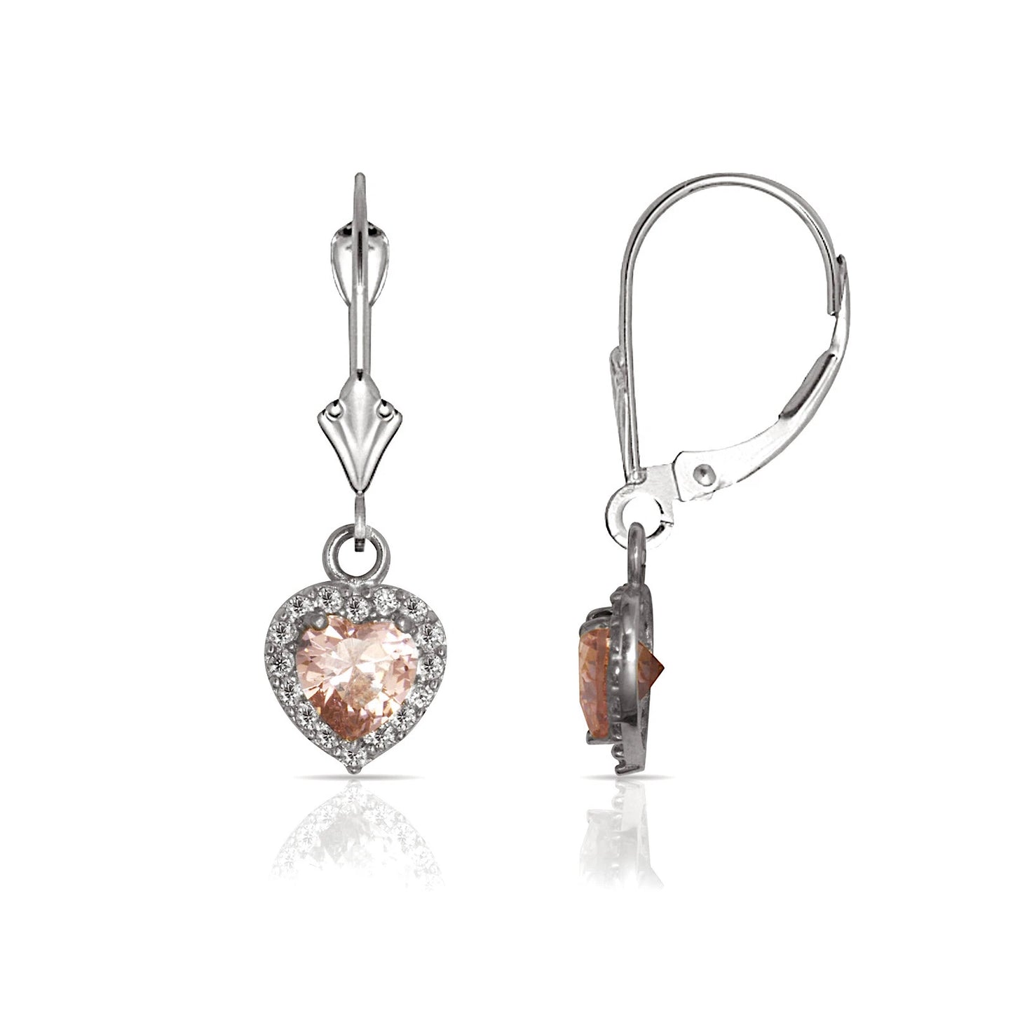 14k White Gold Halo Heart Dangle Leverback Earrings