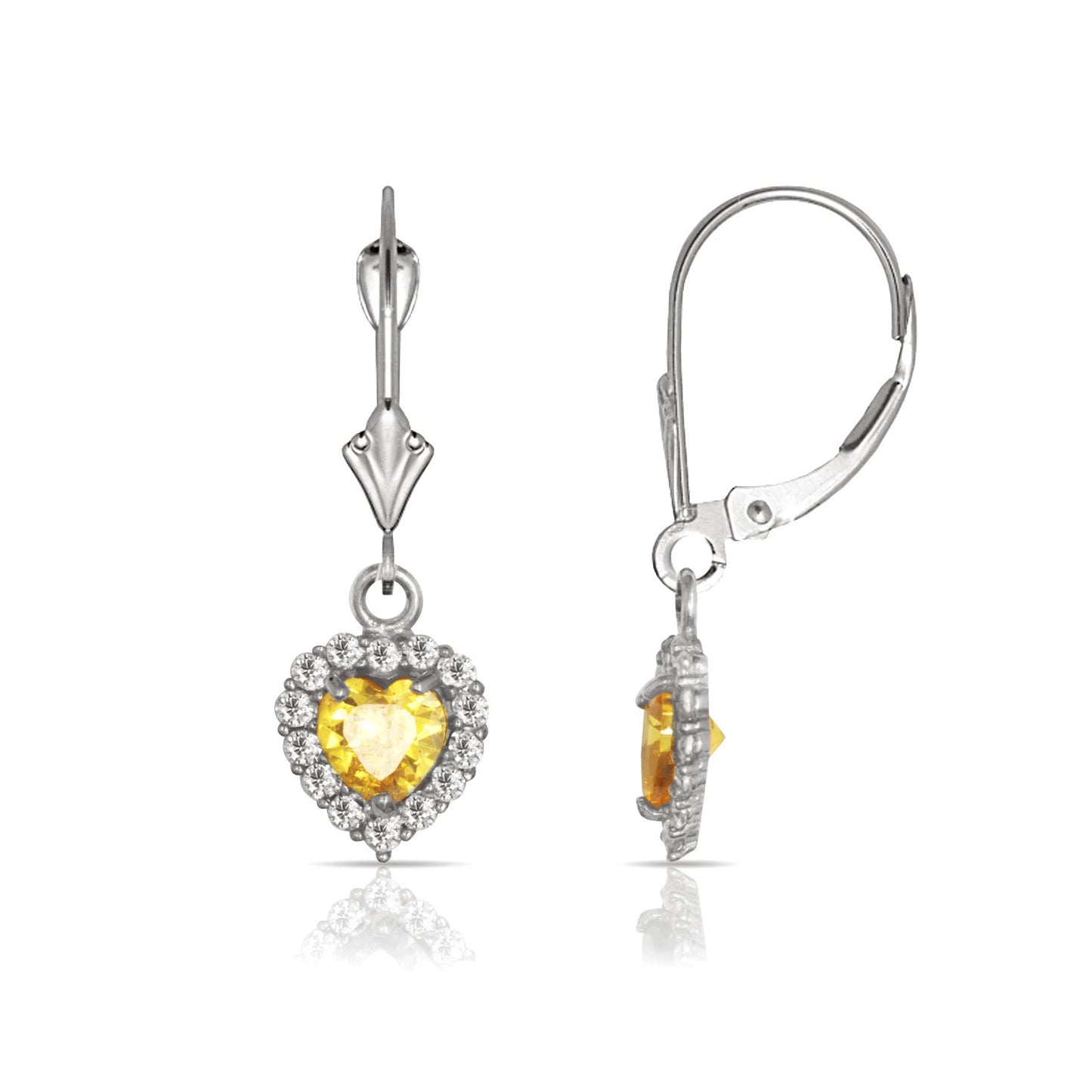 14k White Gold Halo Heart Dangle Leverback Earrings