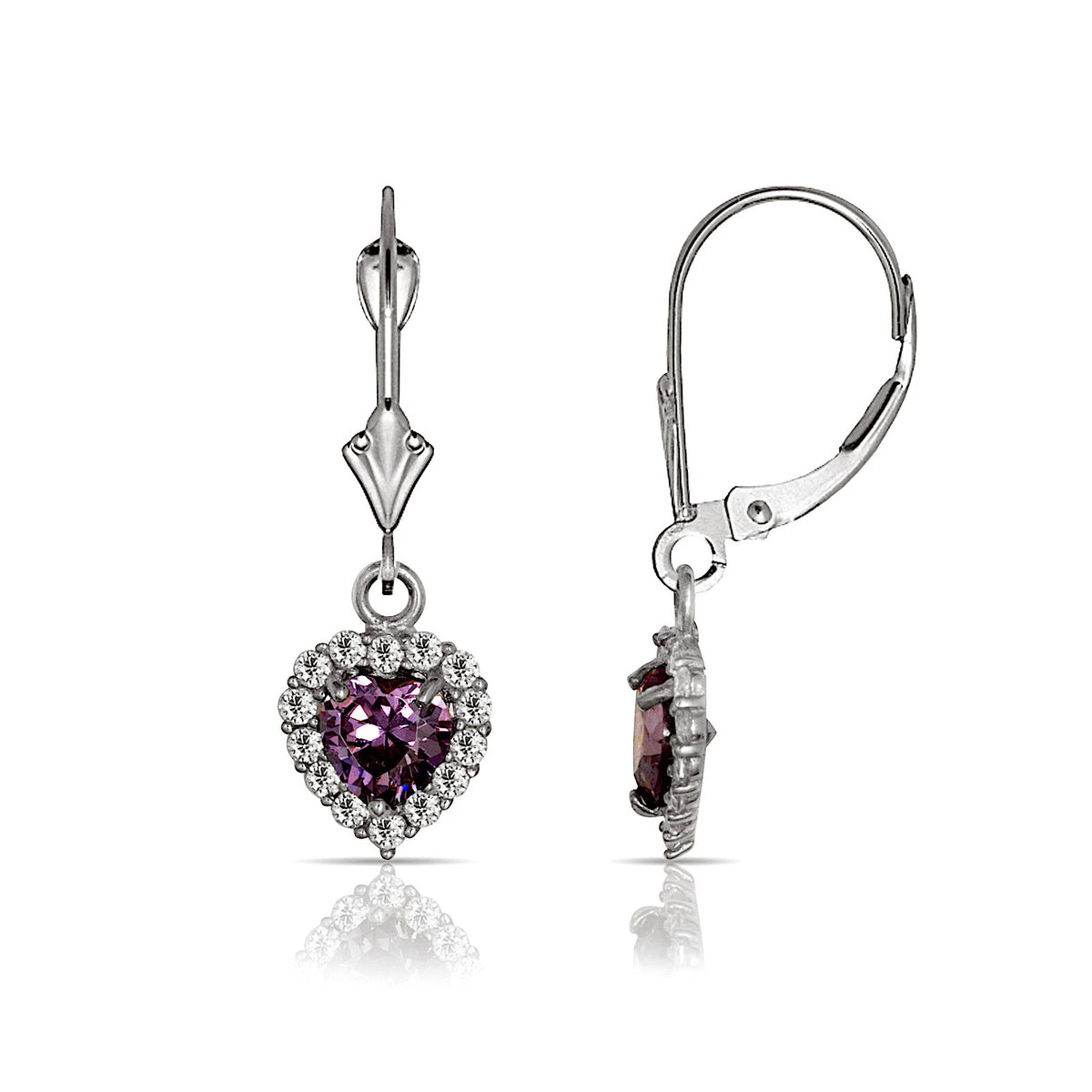 14k White Gold Halo Heart Dangle Leverback Earrings