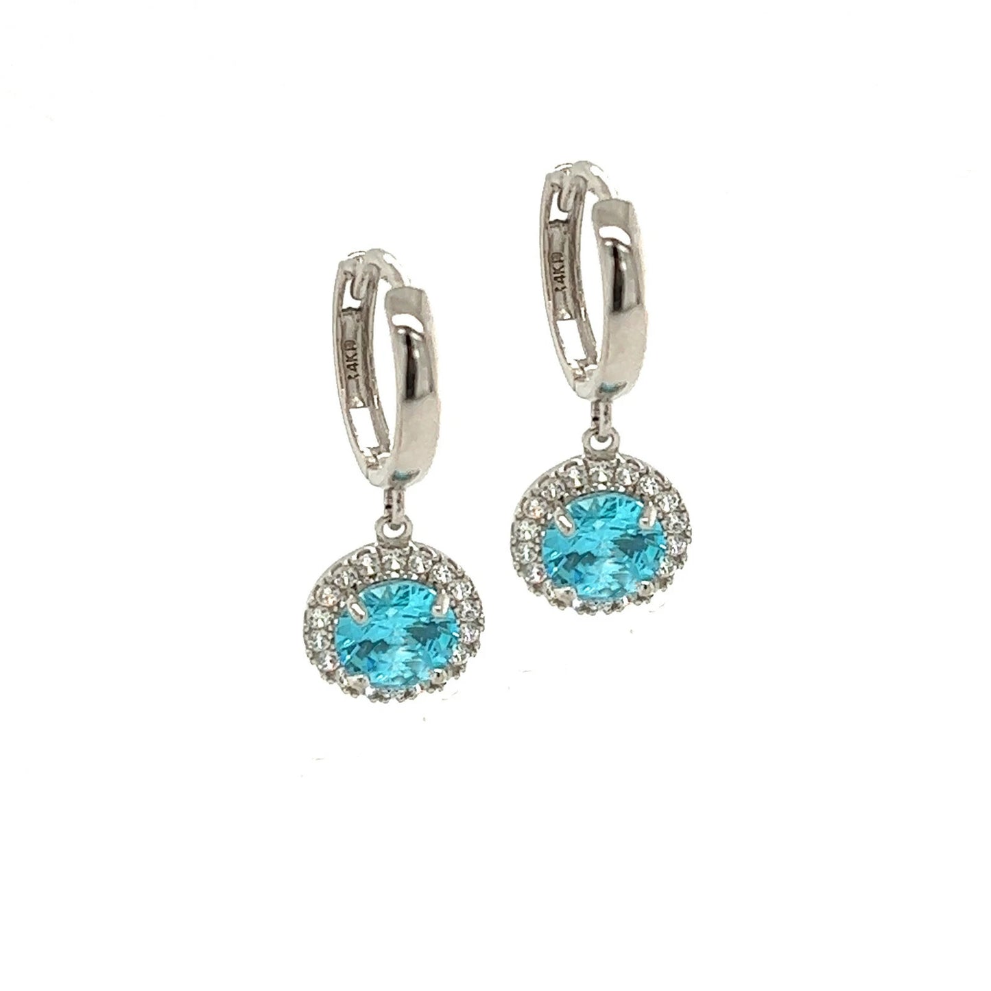 14k White Gold Halo Round Shaped pretty Birthstone Huggie Earring