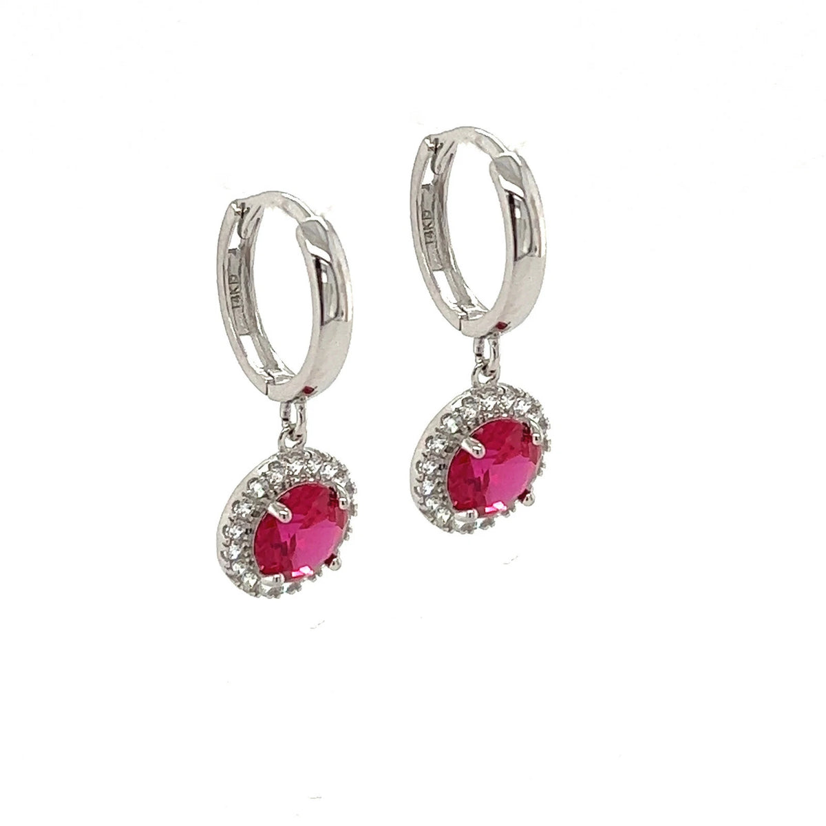 14k White Gold Halo Round Shaped pretty Birthstone Huggie Earring
