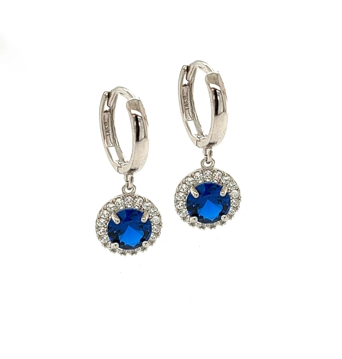 14k White Gold Halo Round Shaped pretty Birthstone Huggie Earring