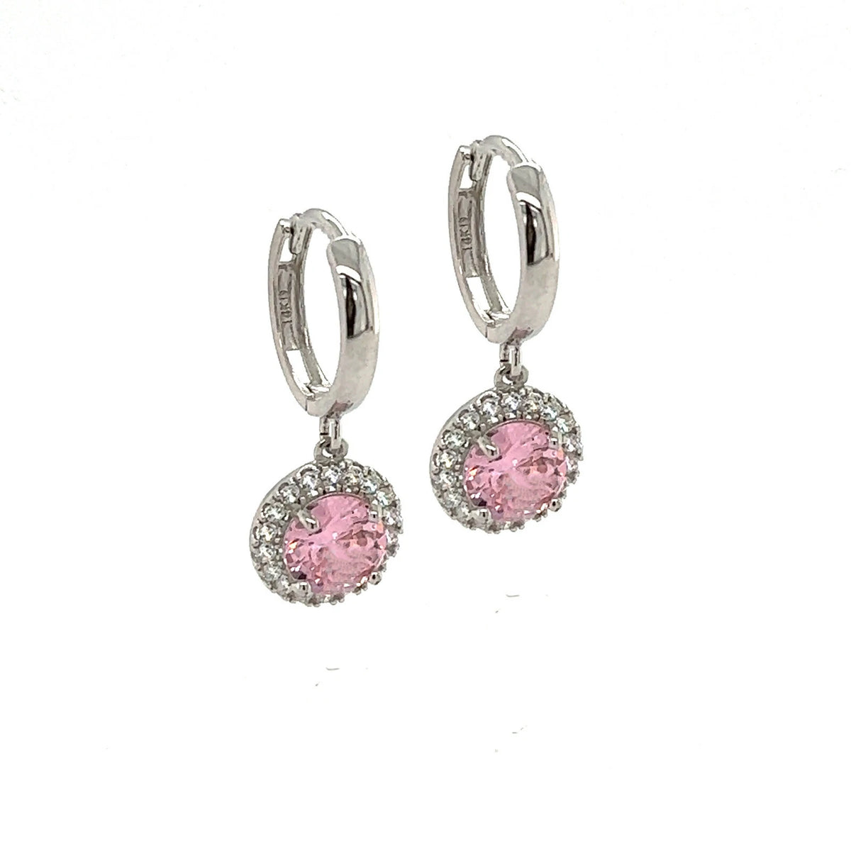 14k White Gold Halo Round Shaped pretty Birthstone Huggie Earring