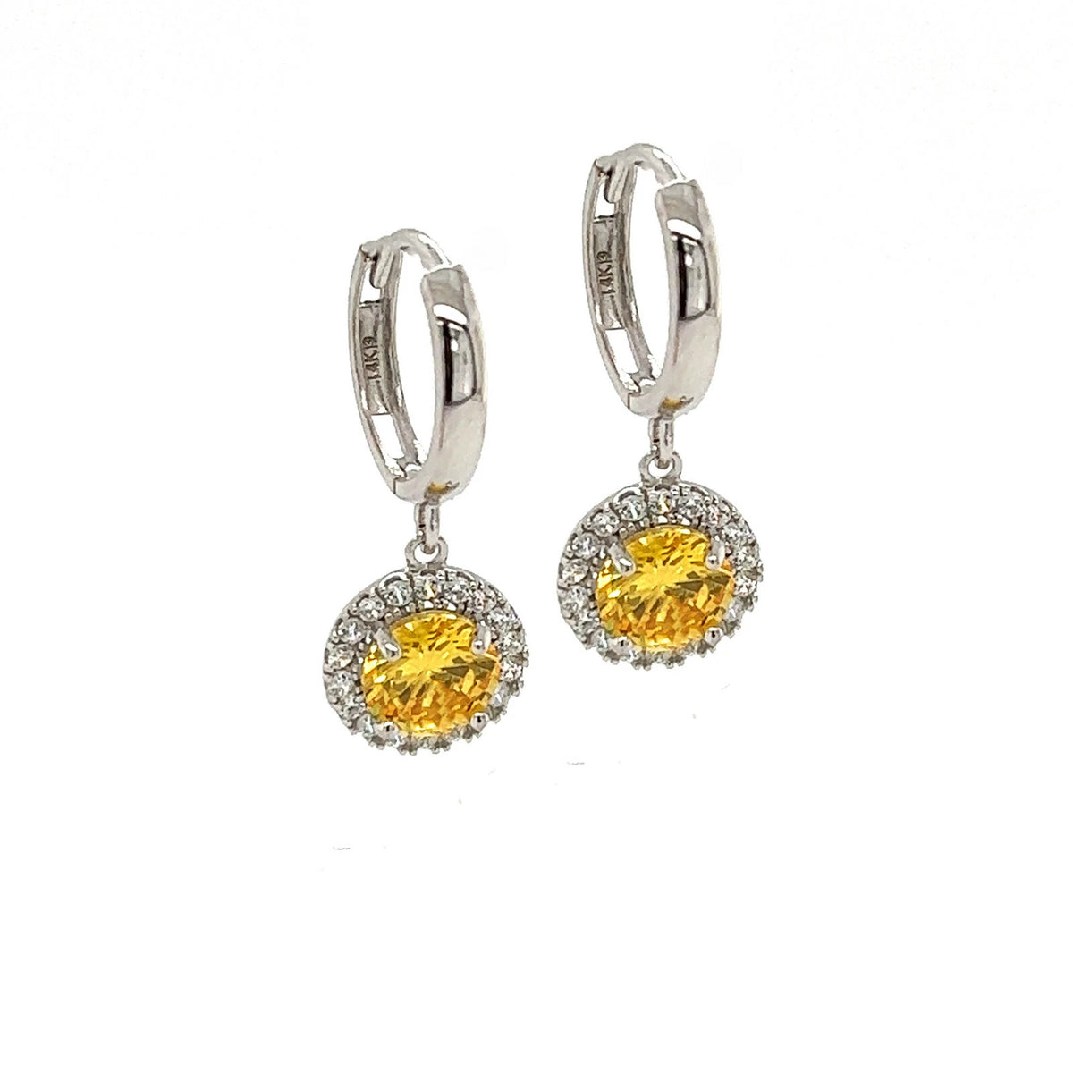 14k White Gold Halo Round Shaped pretty Birthstone Huggie Earring