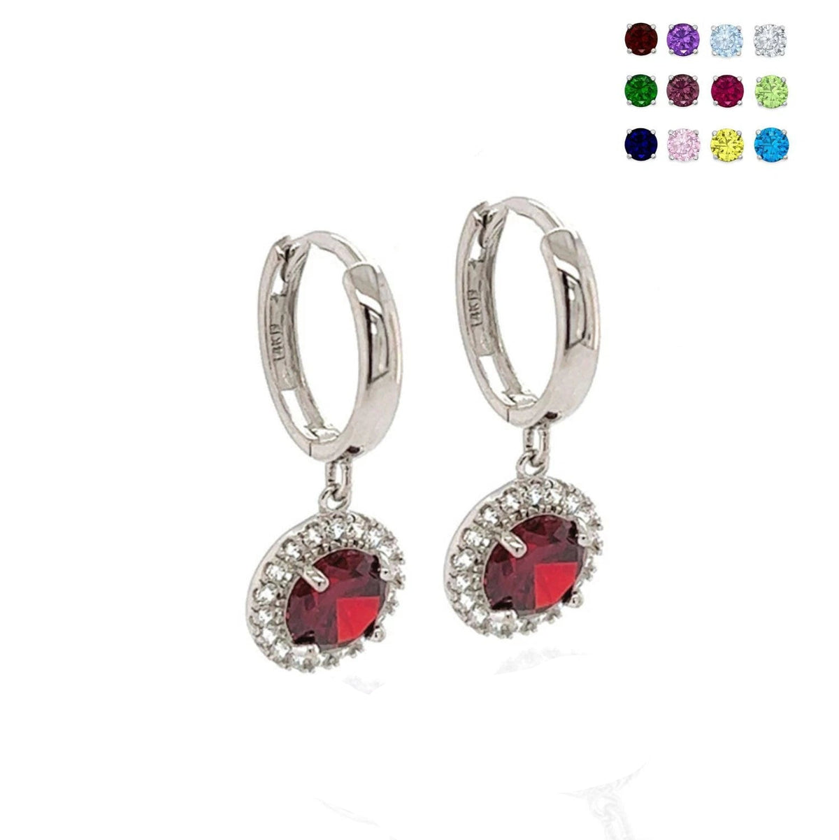 14k White Gold Halo Round Shaped pretty Birthstone Huggie Earring