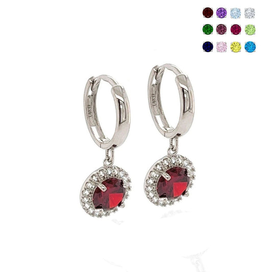 14k White Gold Halo Round Shaped pretty Birthstone Huggie Earring