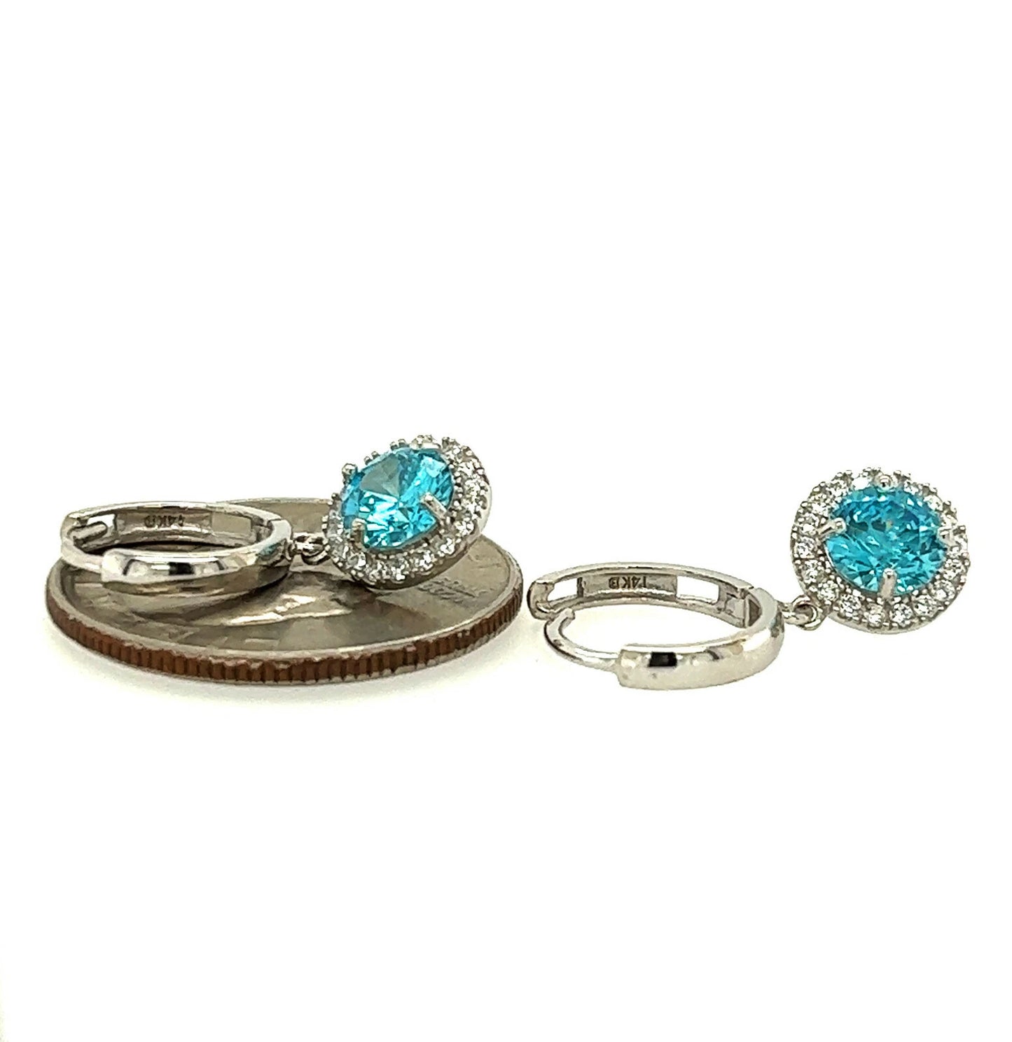 14k White Gold Halo Round Shaped pretty Birthstone Huggie Earring