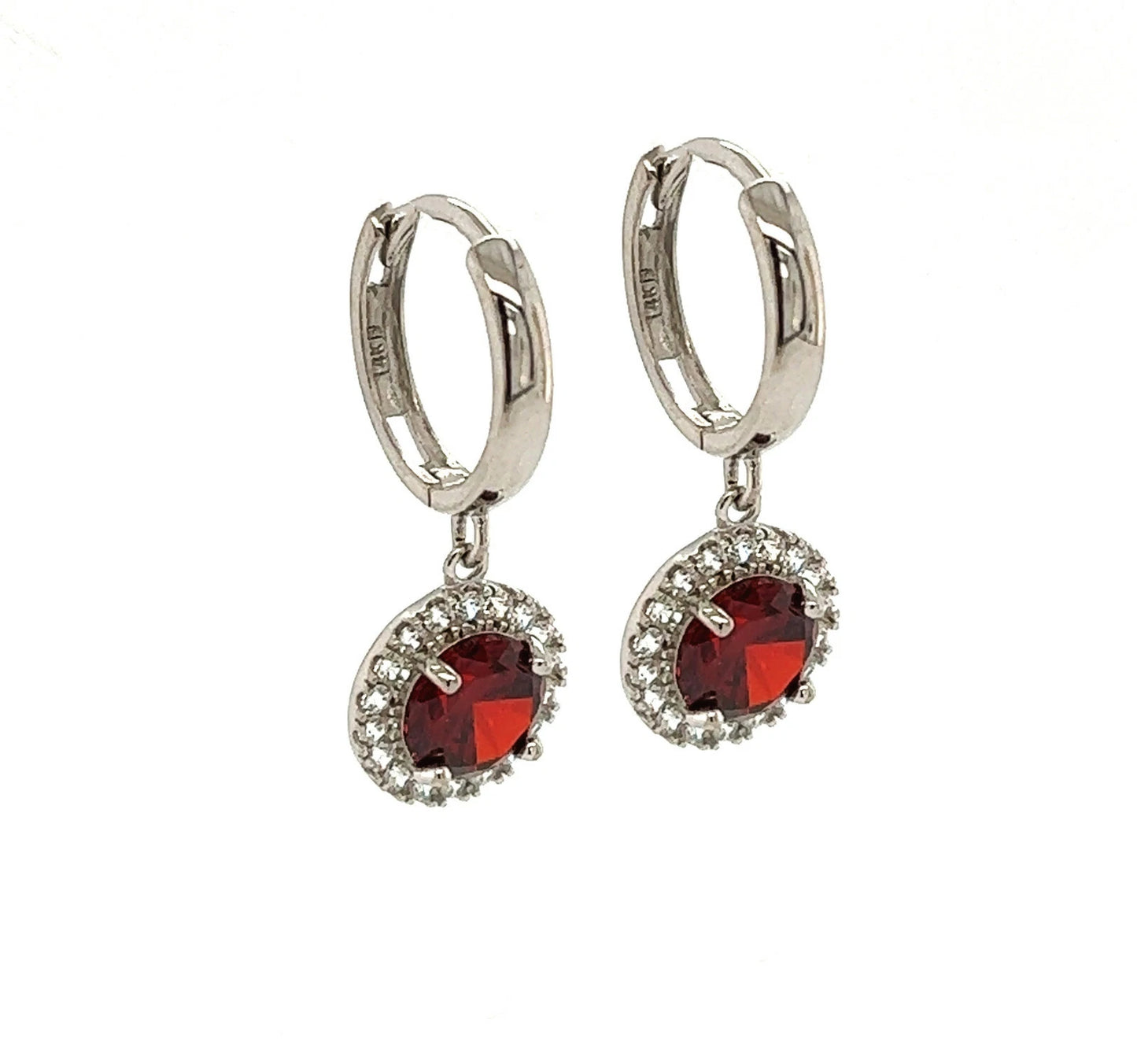 14k White Gold Halo Round Shaped pretty Birthstone Huggie Earring