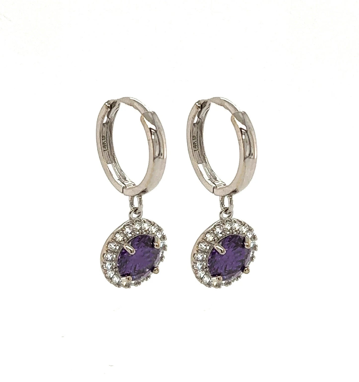 14k White Gold Halo Round Shaped pretty Birthstone Huggie Earring