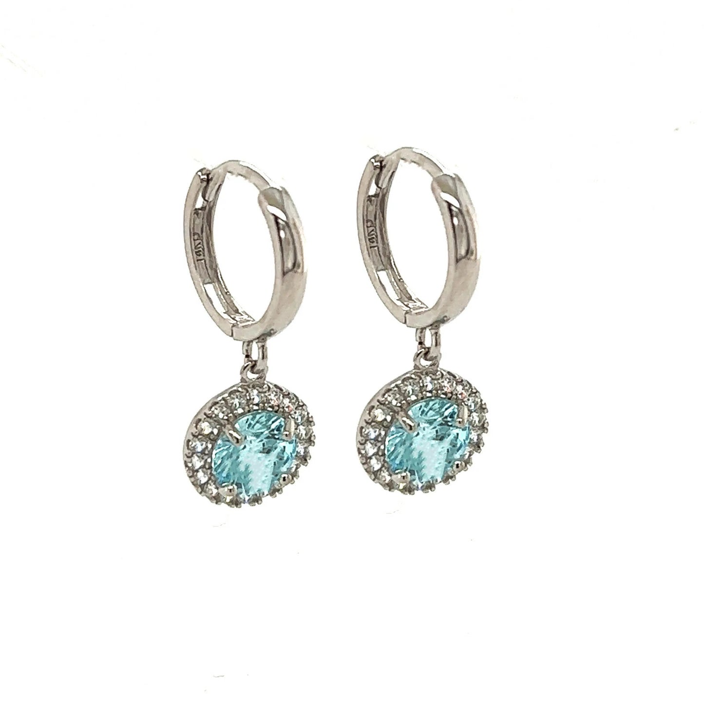 14k White Gold Halo Round Shaped pretty Birthstone Huggie Earring