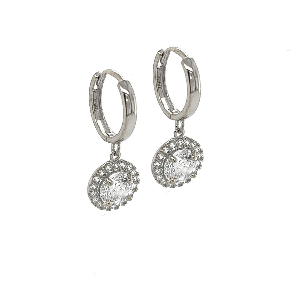 14k White Gold Halo Round Shaped pretty Birthstone Huggie Earring