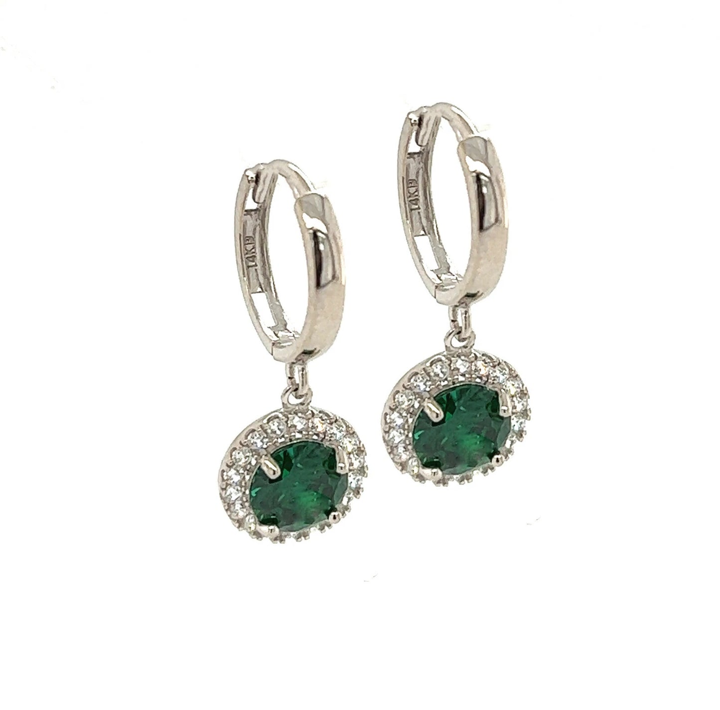 14k White Gold Halo Round Shaped pretty Birthstone Huggie Earring