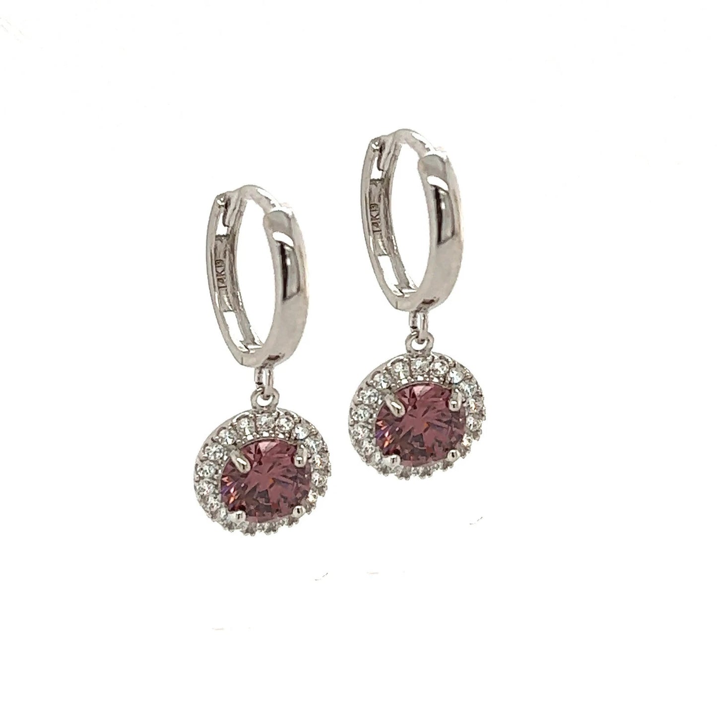 14k White Gold Halo Round Shaped pretty Birthstone Huggie Earring
