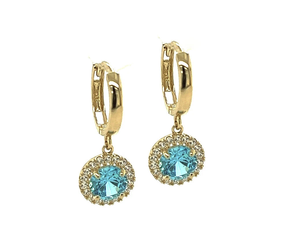 14k Yellow Gold Beautiful Halo Birthstone Round Shaped Huggie Earrings for Women
