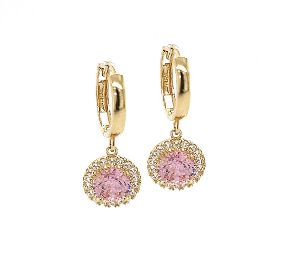 14k Yellow Gold Beautiful Halo Birthstone Round Shaped Huggie Earrings for Women