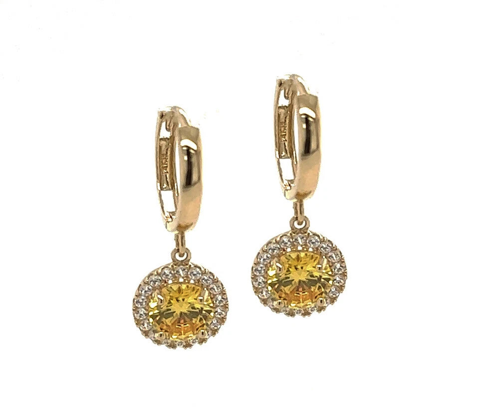 14k Yellow Gold Beautiful Halo Birthstone Round Shaped Huggie Earrings for Women