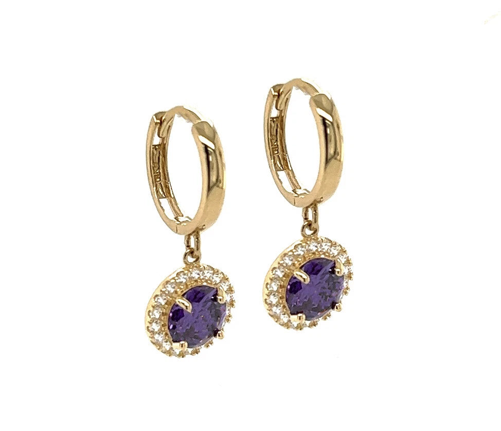 14k Yellow Gold Beautiful Halo Birthstone Round Shaped Huggie Earrings for Women