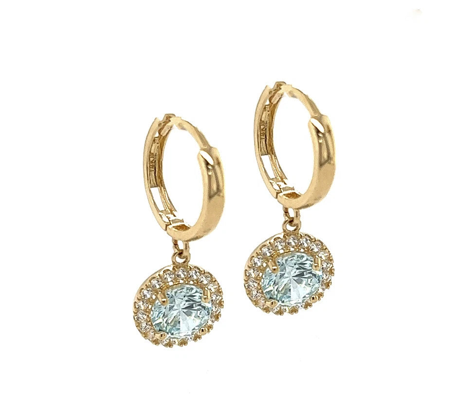 14k Yellow Gold Beautiful Halo Birthstone Round Shaped Huggie Earrings for Women