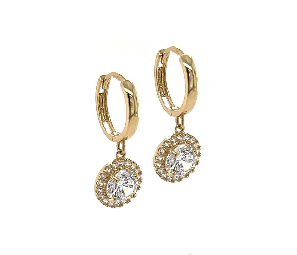 14k Yellow Gold Beautiful Halo Birthstone Round Shaped Huggie Earrings for Women