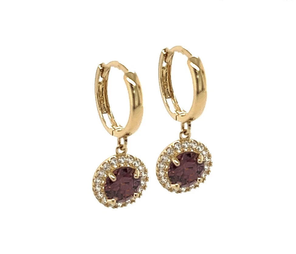 14k Yellow Gold Beautiful Halo Birthstone Round Shaped Huggie Earrings for Women