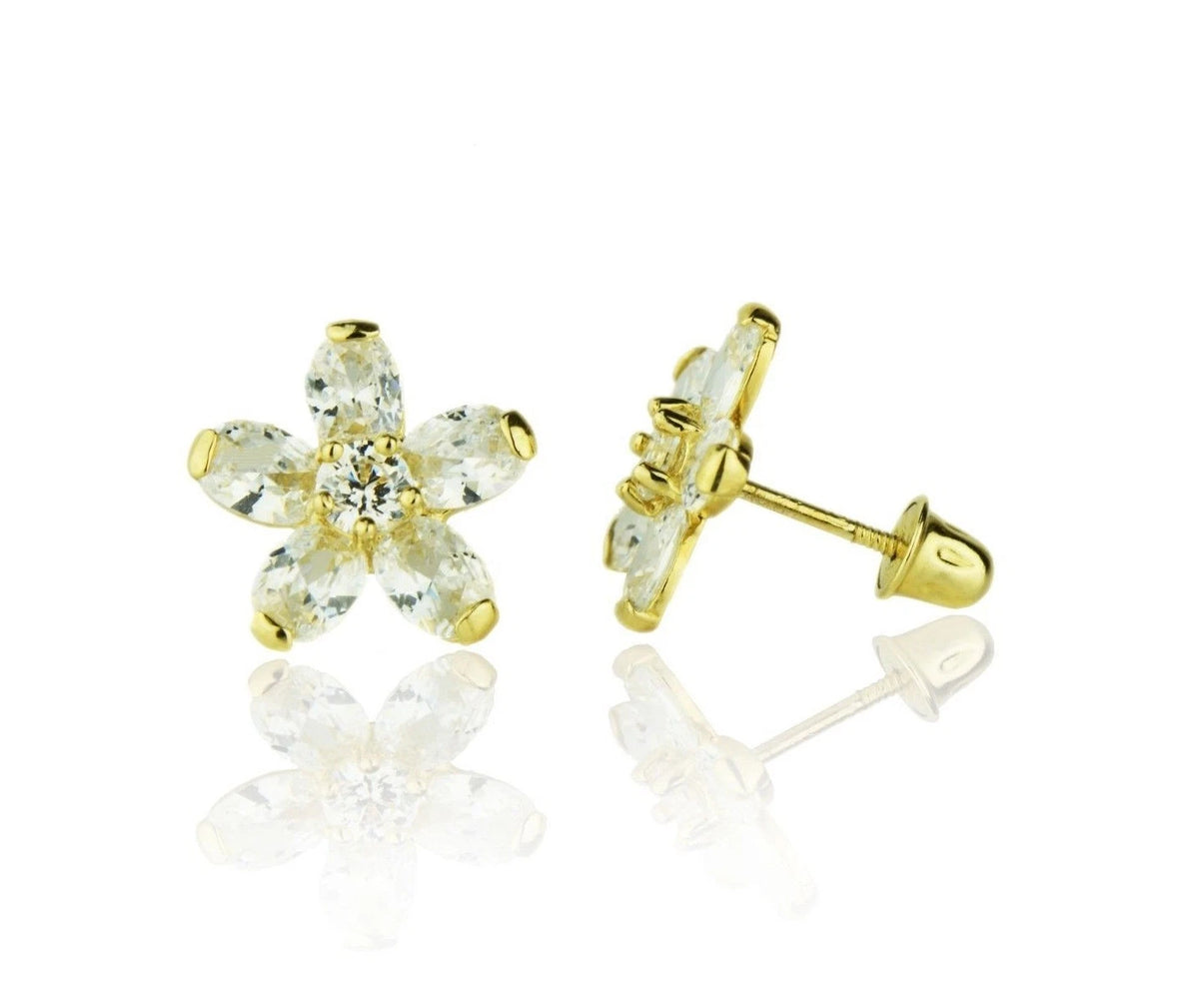 14k Yellow Gold Cz Flower Stud Earrings