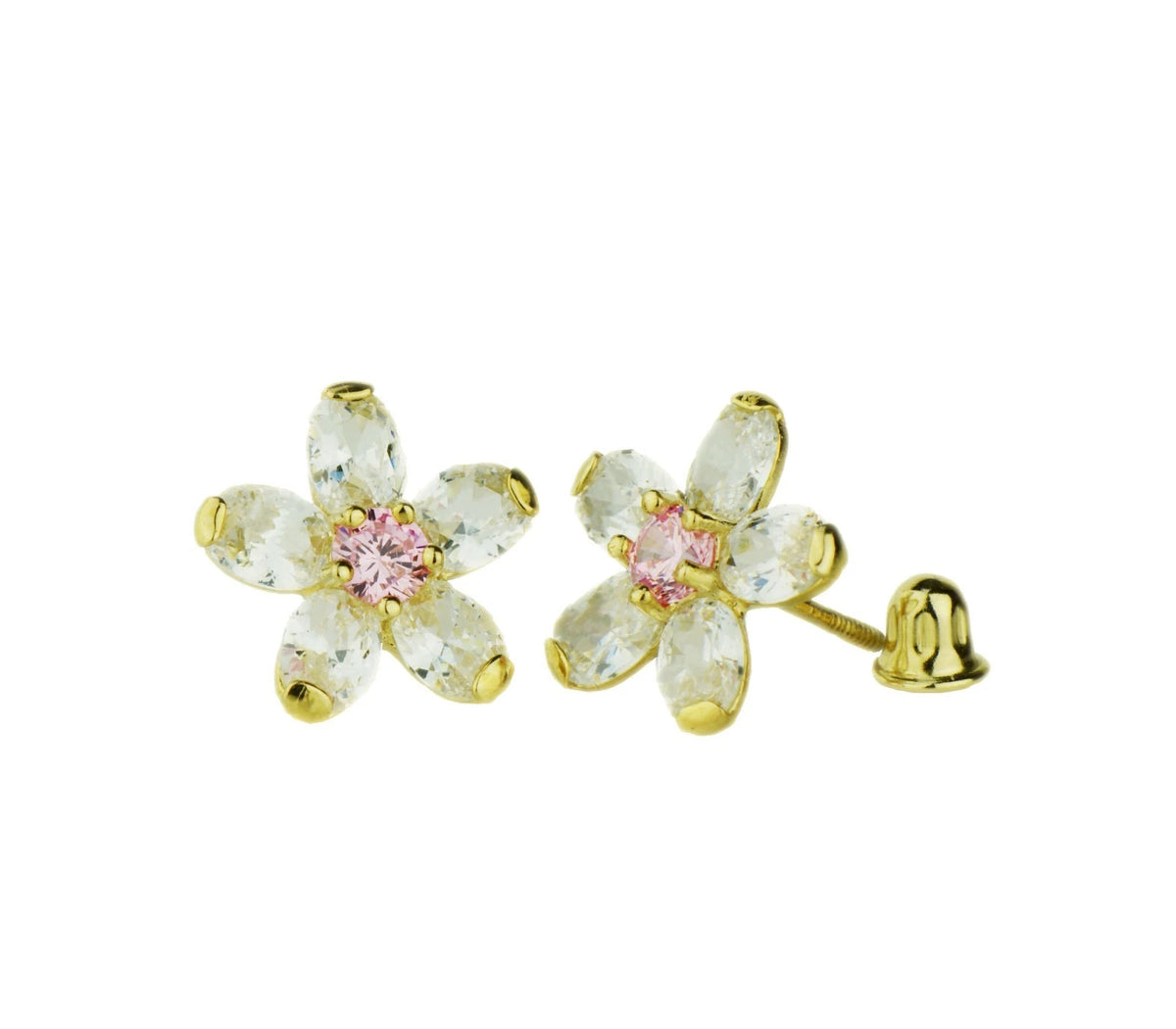 14k Yellow Gold Cz Flower Stud Earrings