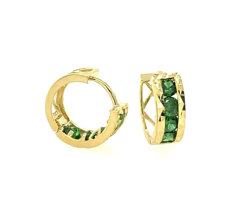 14k Yellow Gold Diamond Cut with Birthstone Huggie Earrings