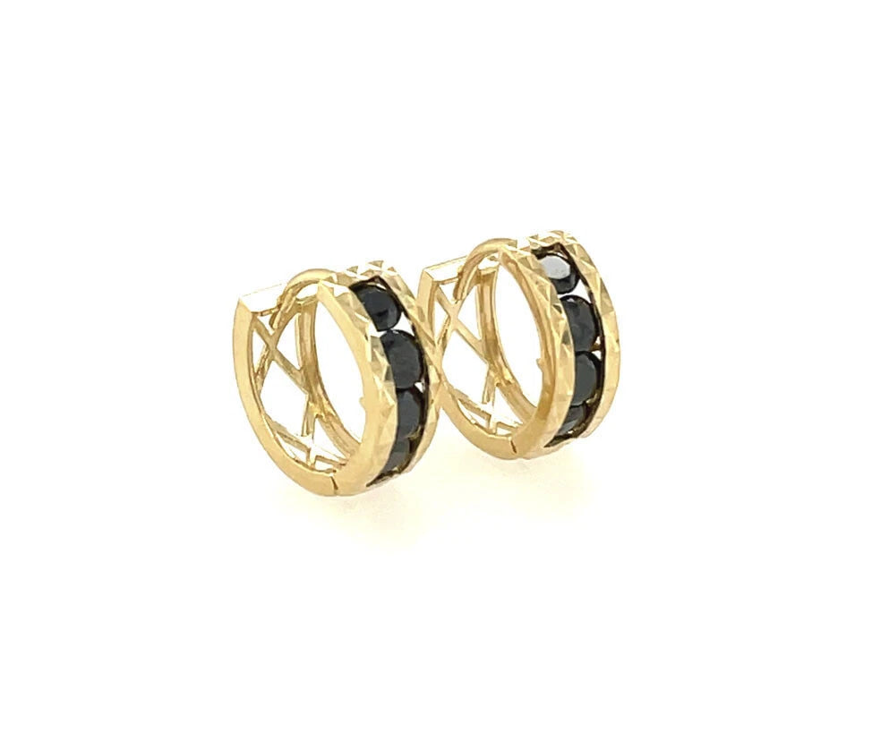 14k Yellow Gold Diamond Cut with Birthstone Huggie Earrings