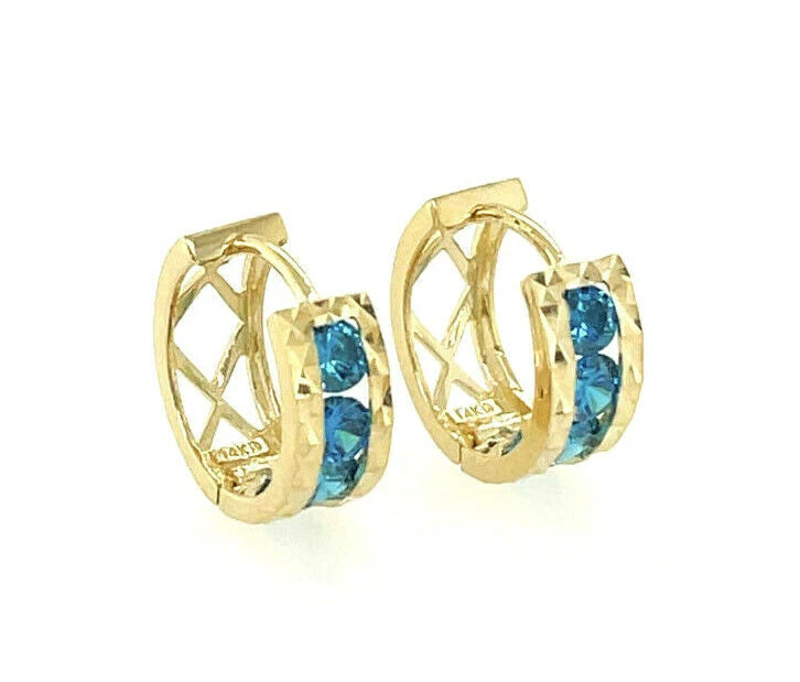 14k Yellow Gold Diamond Cut with Birthstone Huggie Earrings