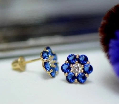 14k Yellow Gold Flower Stud Earrings Screw Back