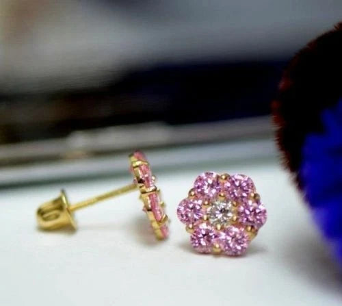 14k Yellow Gold Flower Stud Earrings Screw Back