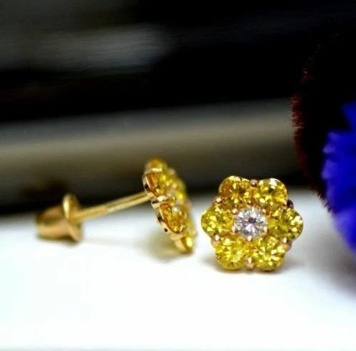 14k Yellow Gold Flower Stud Earrings Screw Back