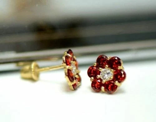 14k Yellow Gold Flower Stud Earrings Screw Back