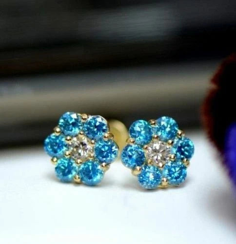 14k Yellow Gold Flower Stud Earrings Screw Back