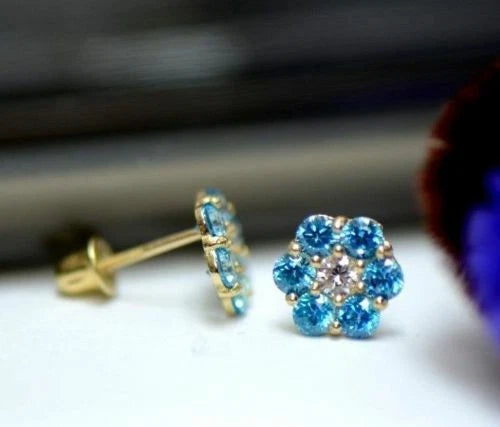 14k Yellow Gold Flower Stud Earrings Screw Back