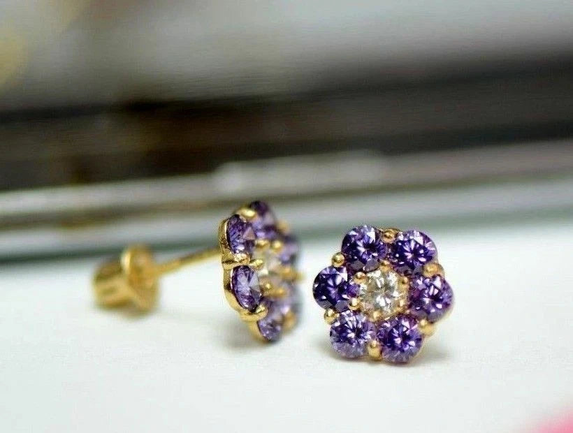 14k Yellow Gold Flower Stud Earrings Screw Back