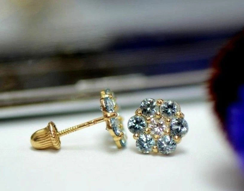 14k Yellow Gold Flower Stud Earrings Screw Back